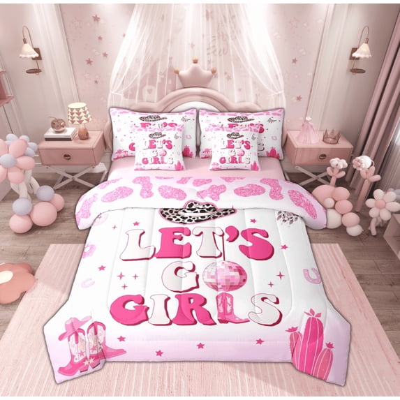 Feelyou Girly Pink Western Bedding Comforter Set 7 Pieces for Kids, Cowgirl Cowboy Full Bedding Set, Princess Cactus Boots Reversible Fitted Sheet Flat Sheet, Super Cozy Room Decor