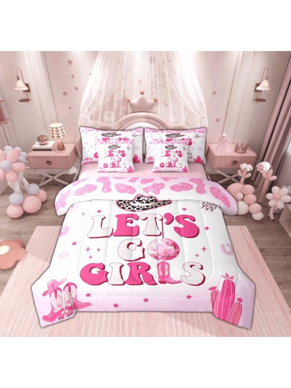 Girly Pink Western Bedding Comforter Set 7 Pieces for Kids, Cowgirl Cowboy Full Bedding Set, Princess Cactus Boots Reversible Fitted Sheet Flat Sheet, Super Cozy Room Decor