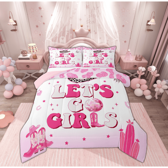 Feelyou Girly Pink Western Bedding Comforter Set for Kids, Cowgirl Cowboy Twin Comforter Sets, Princess Cactus Boots Reversible Bedding Set, Super Cozy Room Decor, 2 Pieces