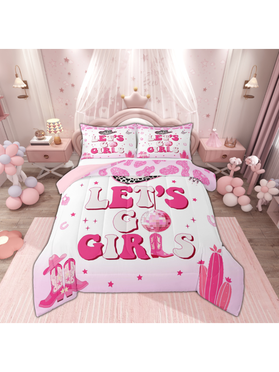 Girly Pink Western Full Size Comforter Sets for Kids, Cowgirl Cowboy Bedding Comforter Set, Princess Cactus Boots Reversible Bedding Sets, Super Cozy Room Decor, 3 Pieces