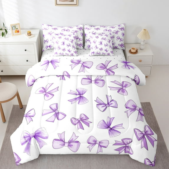 Feelyou Girly Purple Bowknot Bedding Comforter Set 7-Piece, Cartoon Princess Bowknot King Bedding Sets, Teen Boy Girl Kid Reversible Bed Sheets, Breathable Home Decor