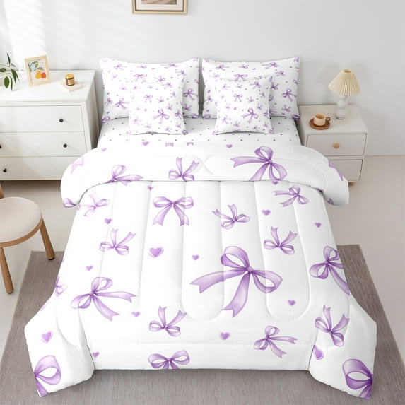 Feelyou Girly Purple Bowknot Bedding Comforter Set 7pcs, Cartoon Princess Bowknot Queen Bedding Sets, Teen Boy Girl Kid Reversible Queen Sheet Sets, Lightweight Room Decor