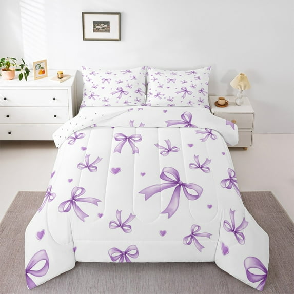 Feelyou Girly Purple Bowknot Queen Comforter Set, Cartoon Princess Bowknot Bedding Sets, Teen Boy Girl Kid Reversible Bedding Comforter Set, Lightweight Room Decor, 3-Piece
