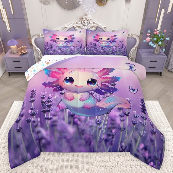 Feelyou Glitter Axolotl Bedding Comforter Set for Child, Lavender Flower Floral Twin Comforter Sets, Dreamy Purple Animal Reversible Bedding Set, Ultra Soft Bedroom Decor, 2 Pieces