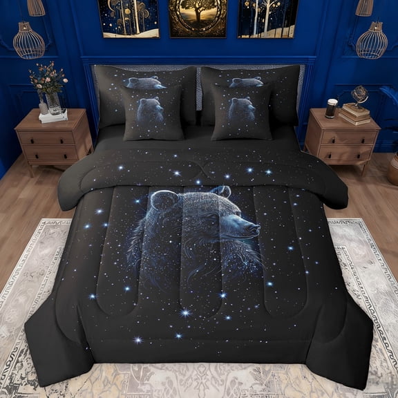 Feelyou Glitter Bear Teens Bedding Comforter Set 7pcs, Psychedelic Stars Galaxy King Bedding Sets, Dreamy Jungle Animal Reversible Bed Sheets, Ultra Soft Bedroom Decor