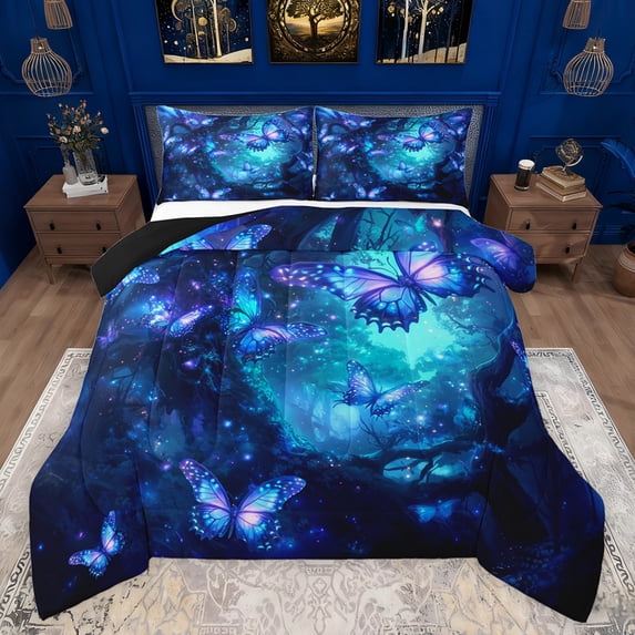 Feelyou Glitter Blue Butterfly Bedding Comforter Set, Dreamy Jungle Tree Twin Comforter Sets, Fairy Tale Animals Reversible Bedding Set, Luxury Bedroom Decor, 2pcs