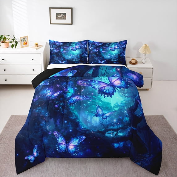 Feelyou Glitter Blue Butterfly Bedding Comforter Set, Dreamy Jungle Tree Twin Comforter Sets, Fairy Tale Animals Reversible Bedding Set, Luxury Bedroom Decor, 2pcs