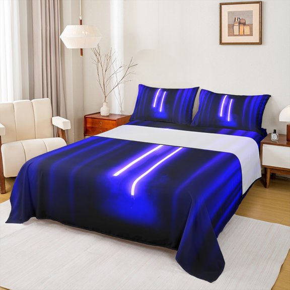 Feelyou Glitter Blue Lines Full Size Sheets for Kids, Neon Gradient Lightning Bed Sheets, Modern Fashion Abstract Sheet Sets, Microfiber Bedroom Decor, 4 Pieces