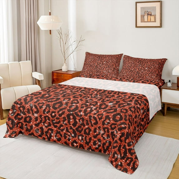 Feelyou Glitter Cheetah Print Full Size Sheets for Adult, Bling Fashion Art Bed Sheets, Red Chic Abstract Sheet Sets, Luxury Bedroom Decor, 4pcs
