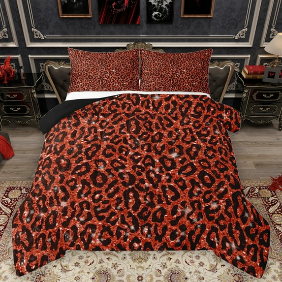 Feelyou Glitter Cheetah Print Queen Comforter Set for Adult, Bling Fashion Art Bedding Sets, Red Chic Abstract Reversible Bedding Comforter Set, Luxury Bedroom Decor, 3pcs