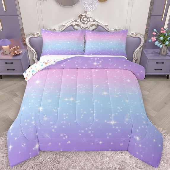 Feelyou Glitter Dreamy Stars Bedding Comforter Set for Kids, Purple Blue Rainbow Twin Comforter Sets, Cartoon Starry Sky Reversible Bedding Set, Breathable Home Decor, 2-Piece