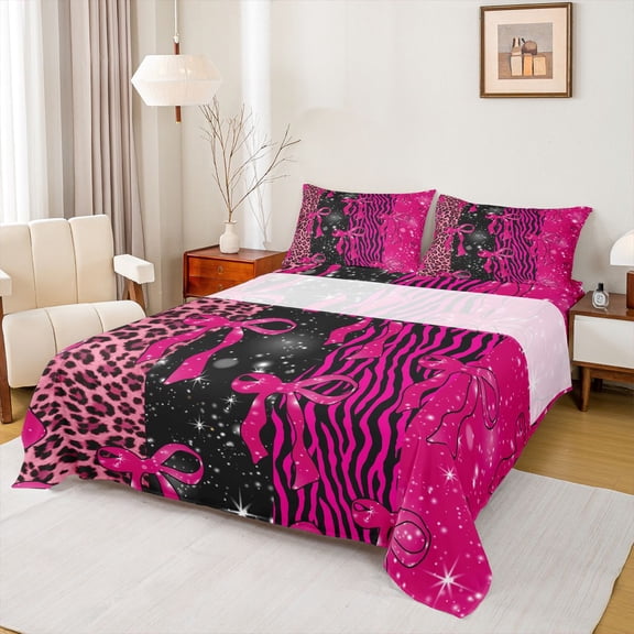 Feelyou Glitter Fashion Bowknot Queen Sheet Sets, Pink Zebra Leopard Print Flat Sheet, Dreamy Stars Galaxy Queen Fitted Sheet, Super Cozy Room Decor, 4pcs