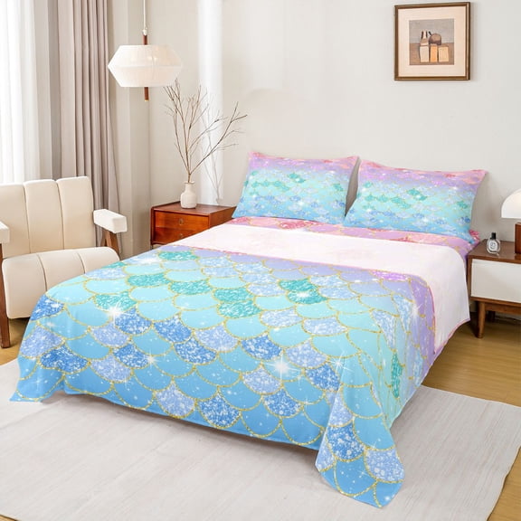 Feelyou Glitter Gradient Mermaid Full Size Sheets for Girls, Rainbow Iridescent Wildlife Bed Sheets, Pink Blue, 4-Piece