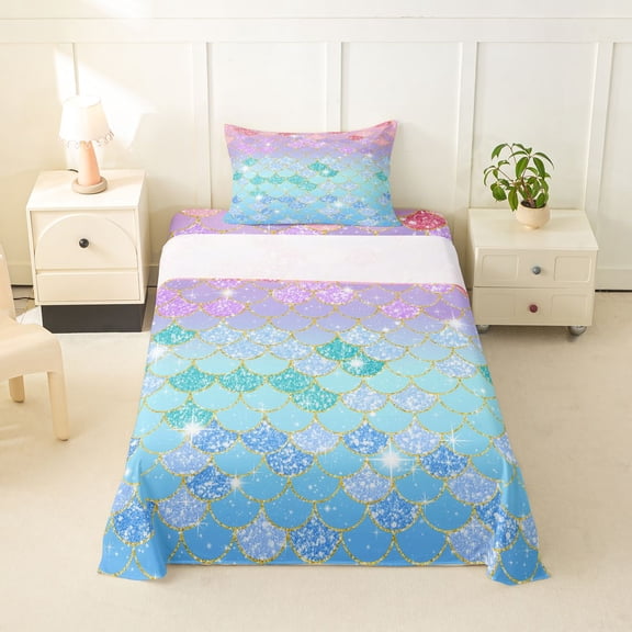 Feelyou Glitter Gradient Mermaid Twin Sheet Sets for Girls, Rainbow Iridescent Wildlife Bedding, Pink Blue, 3-Piece