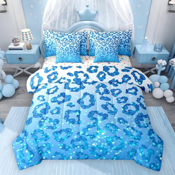 Feelyou Glitter Leopard Print Comforter Set 7pcs, Blue Sequin Print Full Bedding Set