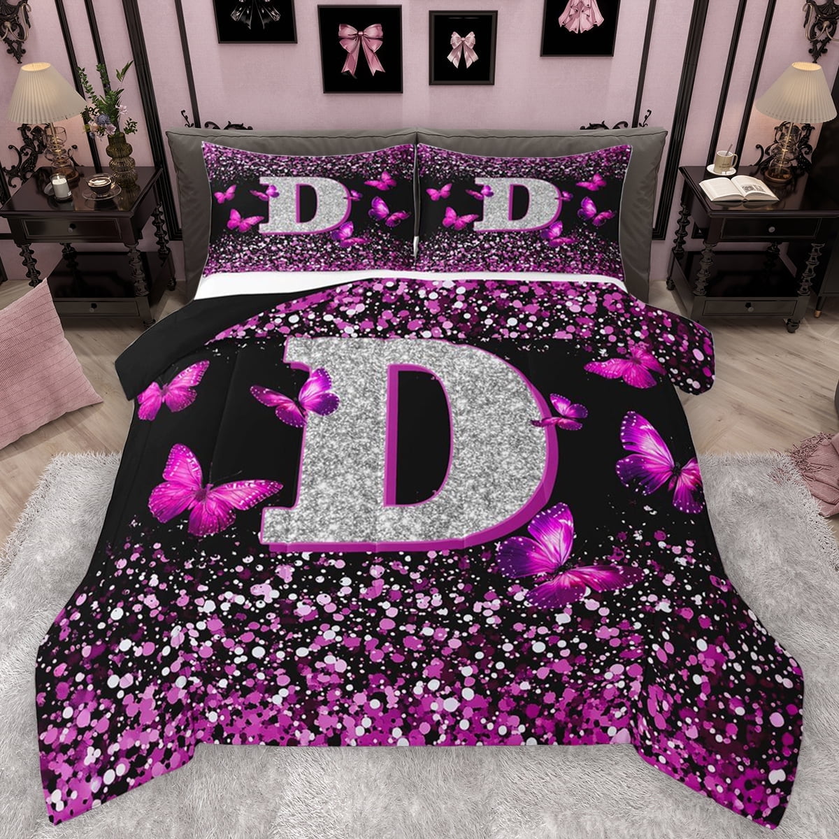 Feelyou Glitter Letter D Bedding Comforter Set for Girls, Dreamy Kawaii ...