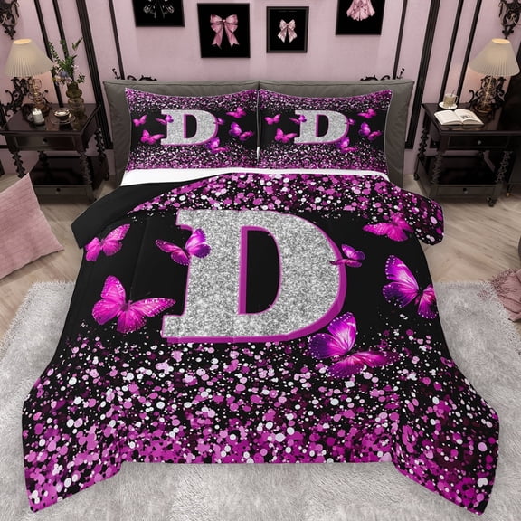 Feelyou Glitter Letter D Bedding Comforter Set for Girls, Dreamy Kawaii Butterfly Twin Comforter Sets, Fashion Romantic Reversible Bedding Set, Microfiber Bedroom Decor, 2pcs