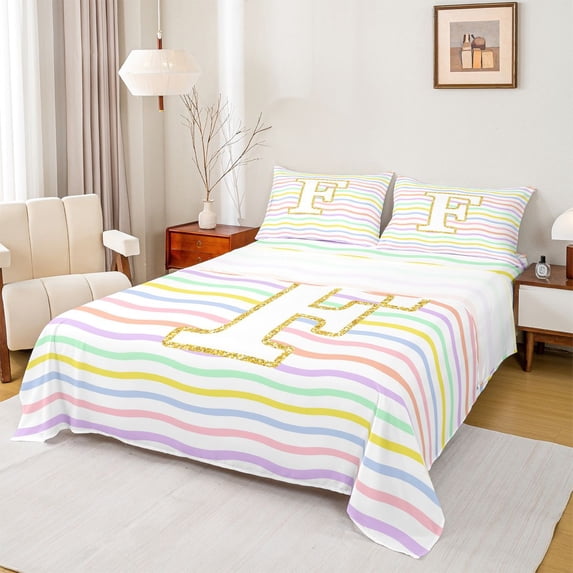 Feelyou Glitter Letter F Full Size Sheets for Girls Kids, Rainbow Initial Bed Sheets, Pastel, 4-Piece