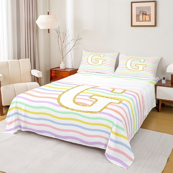 Feelyou Glitter Letter G Full Size Sheets for Girls Kids, Rainbow Initial Bed Sheets, Pastel, 4pcs
