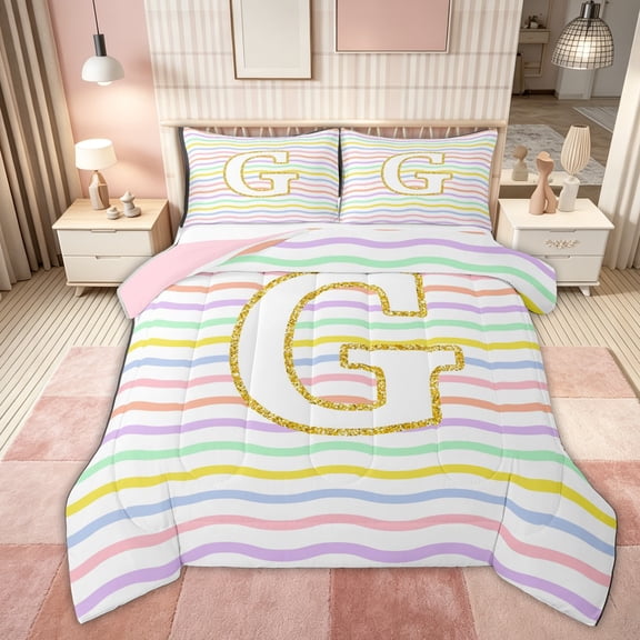 Feelyou Glitter Letter G Queen Comforter Set for Girls Kids, Rainbow Initial Bedding Comforter Set, Pastel, Pink Reversible, 3pcs