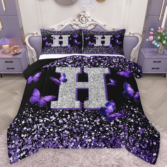 Feelyou Glitter Letter H Full Size Comforter Sets for Girls, Dreamy Kawaii Butterfly Bedding Comforter Set, Purple Fashion Reversible Bedding Sets, Luxury Bedroom Decor, 3pcs