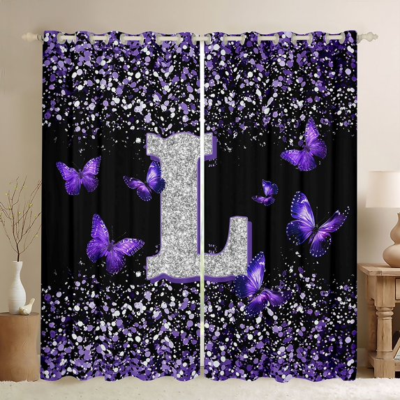 Feelyou Glitter Letter L Black Out Curtains for Girls, Dreamy Kawaii Butterfly Curtains Pack of 2 (42x63 Each), Purple Fashion Bedroom Curtains, Blackout Curtains Bedroom Decor