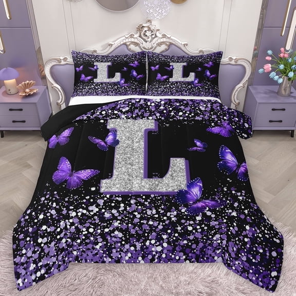 Feelyou Glitter Letter L Full Size Comforter Sets for Girls, Dreamy Kawaii Butterfly Bedding Comforter Set, Purple Fashion Reversible Bedding Sets, Microfiber Bedroom Decor, 3pcs