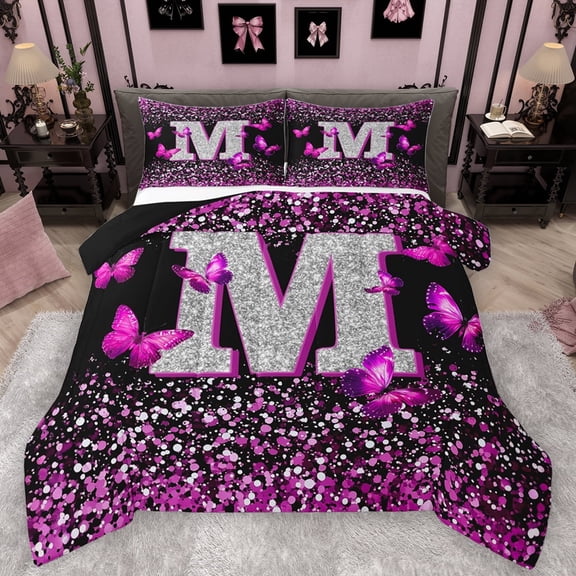 Feelyou Glitter Letter M Bedding Comforter Set for Girls, Dreamy Kawaii Butterfly Twin Comforter Sets, Fashion Romantic Reversible Bedding Set, Super Cozy Room Decor, 2pcs
