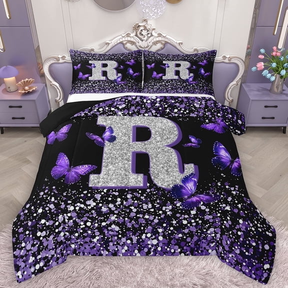 Feelyou Glitter Letter R Full Size Comforter Sets for Girls, Dreamy Kawaii Butterfly Bedding Comforter Set, Purple Fashion Reversible Bedding Sets, Microfiber Bedroom Decor, 3pcs