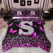Feelyou Glitter Letter S Bedding Comforter Set for Girls, Dreamy Kawaii Butterfly Twin Comforter Sets, Fashion Romantic Reversible Bedding Set, Super Cozy Room Decor, 2pcs