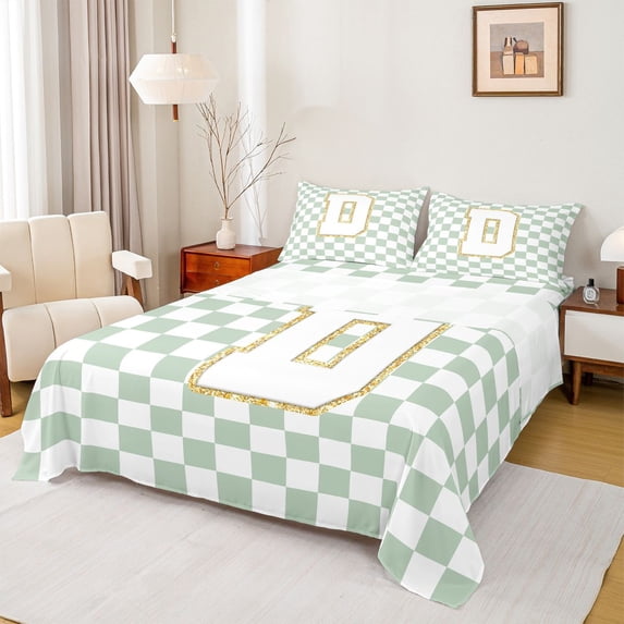 Feelyou Glitter Print Letter D Full Size Sheets for Kids, Buffalo Checkered Bed Sheets for Bedroom, Green, 4-Piece