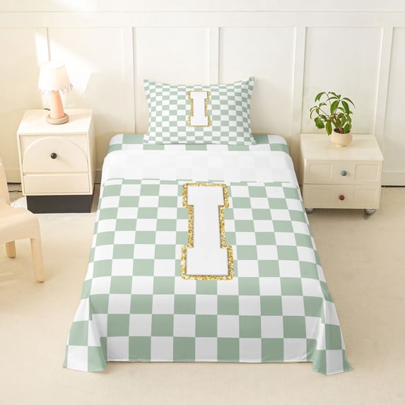 Feelyou Glitter Print Letter I Twin Sheet Sets for Girls, Buffalo Checkered Bedding for Kids, Green, 3pcs