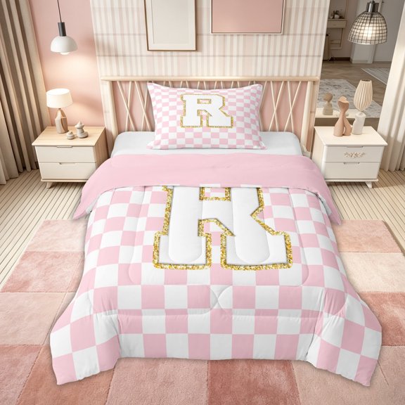 Feelyou Glitter Print Letter R Twin Comforter Sets for Kids, Fashion Buffalo Bedding Set for Bedroom, Gold, Pink Reversible, 2 Pieces