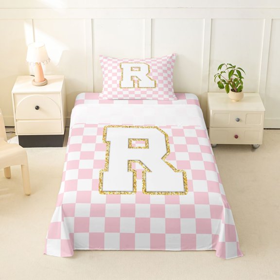 Feelyou Glitter Print Letter R Twin Sheet Sets for Kids, Fashion Buffalo Bedding for Bedroom, Gold, 3 Pieces