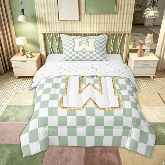 Feelyou Glitter Print Letter W Twin Comforter Sets for Kids, Fashion Buffalo Bedding Set, Green, Reversible, 2 Pieces
