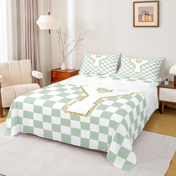 Feelyou Glitter Print Letter Y Bed Sheets for Girls, Buffalo Checkered King Sheets for Bedroom, Green, 4-Piece
