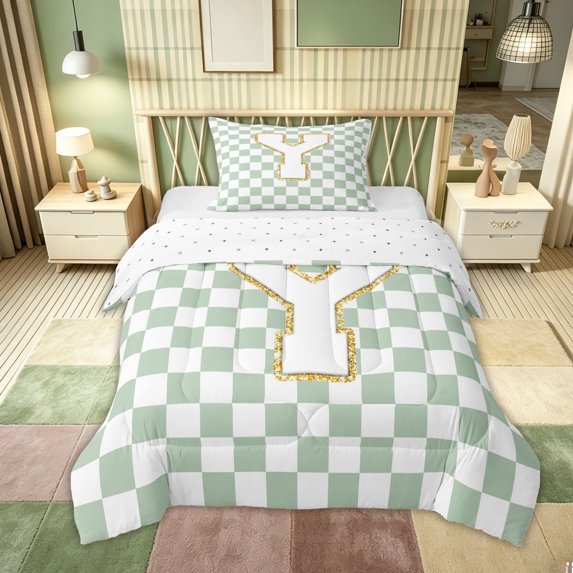 Feelyou Glitter Print Letter Y Twin Comforter Sets for Girls, Buffalo Checkered Bedding Set for Bedroom, Green, Reversible, 2-Piece