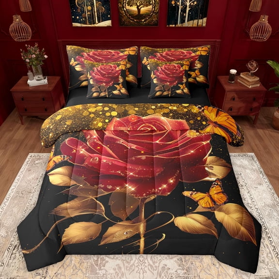 Feelyou Glitter Rose Flower Twin Bedding Sets 7-Piece for Adult, Gold Leaf Plant Bedding Comforter Set, Dreamy Butterfly Reversible Sheet Sets, Lightweight Room Decor