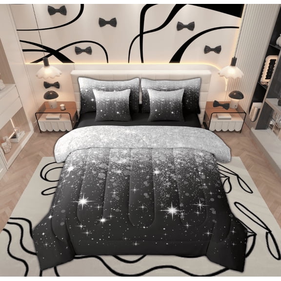 Feelyou Glitter Sequin Print Bedding Comforter Set 7-Piece for Female, Cartoon Dreamy Stars Print King Bedding Sets, Modern Fashion Reversible Bed Sheets, Super Cozy Room Decor