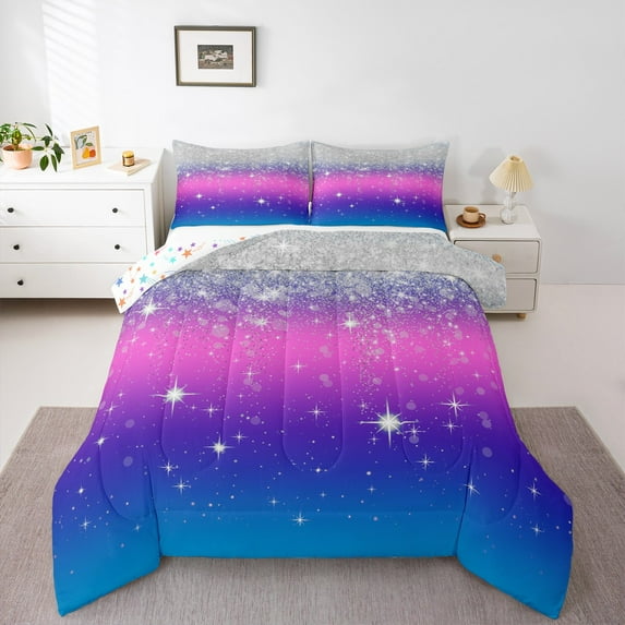 Feelyou Glitter Sequin Print Bedding Comforter Set for Female, Cartoon Dreamy Stars Print Twin Comforter Sets, Modern Fashion Reversible Bedding Set, Lightweight Room Decor, 2 Pieces