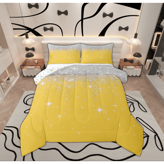 Feelyou Glitter Sequin Print Bedding Comforter Set for Female, Cartoon Dreamy Stars Print Twin Comforter Sets, Modern Fashion Reversible Bedding Set, Super Cozy Room Decor, 2 Pieces