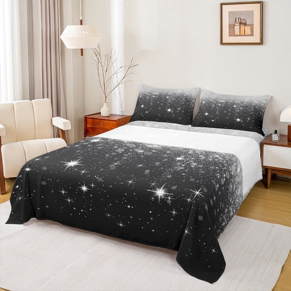 Feelyou Glitter Sequin Print Queen Sheet Sets for Female, Cartoon Dreamy Stars Print Flat Sheet, Modern Fashion Queen Fitted Sheet, Super Cozy Room Decor, 4 Pieces