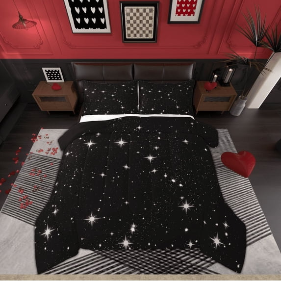 Feelyou Glitter Star Galaxy Queen Comforter Set, Mystic Starry Sky Bedding Sets, Black White Reversible Bedding Comforter Set, Ultra Soft Home Decor,3 Pieces