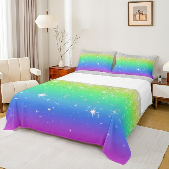 Feelyou Glitter Stars Starry Sky Queen Sheet Sets, Chic Modern Fashion Flat Sheet, Teen Adult Kid Queen Fitted Sheet, Breathable Home Decor, 4-Piece