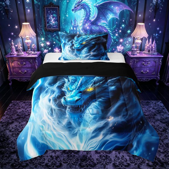 Feelyou Glowing Blue Dragon Twin Comforter Sets for Men Women Kids, Lightning Wildlife Bedding Set, Cyan, Black Reversible, 2-Piece