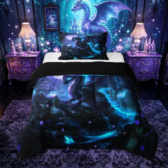 Feelyou Glowing Cherry Blossom Dragon Twin Comforter Sets for Boys Girls Kids, Forest Magic Wildlife Bedding Set, Black Reversible, 2-Piece