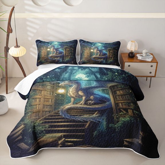 Feelyou Glowing Library Dragon Bed Spread Queen for Men Women, Vintage Woodland Book Wildlife Queen Coverlet Set, Blue Gold, 3-Piece