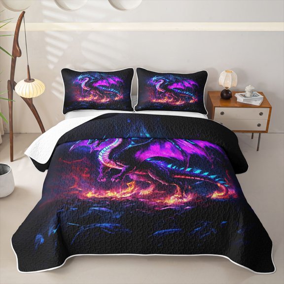 Feelyou Glowing Neon Fire Rock Dragon Bed Spread Queen for Boys Men, Mountain Animal Queen Coverlet Set, Purple Blue, 3 Pieces