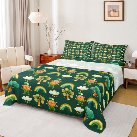 Feelyou Gnome Shamrock Teen Bed Sheets, Rainbow Tree King Sheets, 4pcs