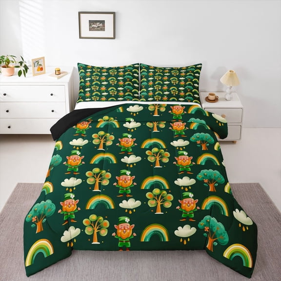 Feelyou Gnome Shamrock Teen Queen Comforter Set, Rainbow Tree Bedding Comforter Set, 3pcs